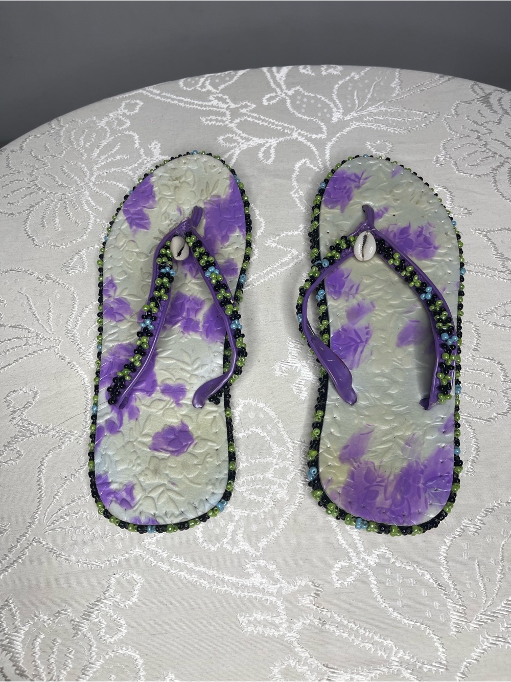 Women’s Purple Floral Beaded Flip Flop Sandals
